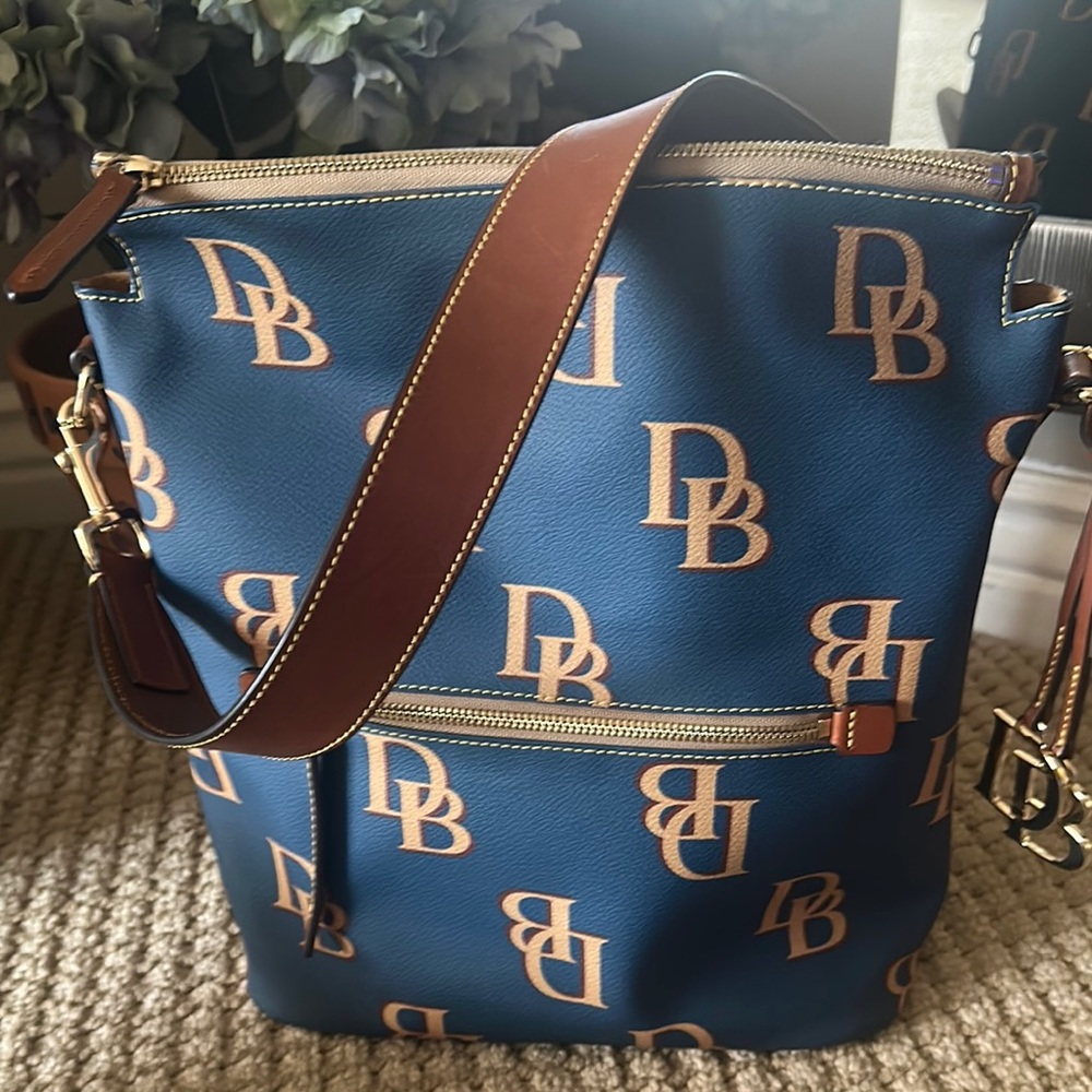 Dooney & Bourke Blue and Brown Shoulder Bag with Leather Trim